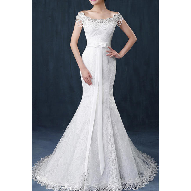 Women Off Shoulder Long Tail Wedding Dress