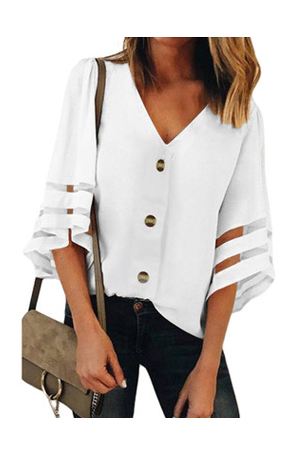 Women V-Neck Coloured Buttons Trumpet Sleeves Top