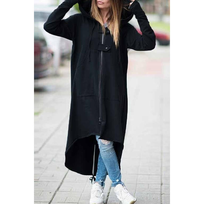 Women Solid Color Long Zipper Warm Hoodie