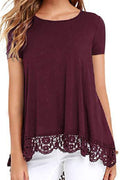 Women Stretch Round Neck Lace Hem T-Shirt