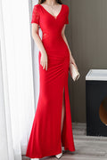 Women V-Neck Short Sleeves Slim Long Skirt Cover Belly Party Dress