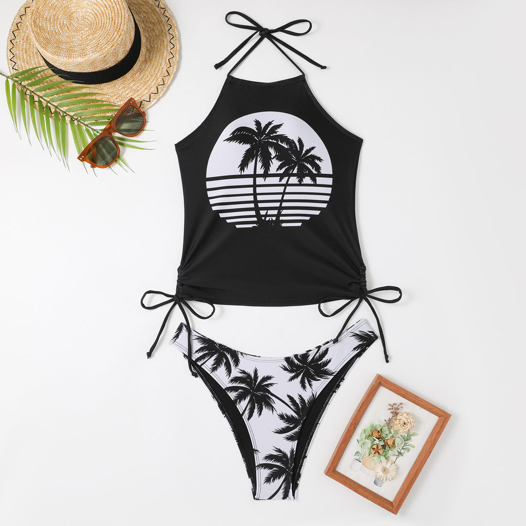 New Digital Print Lace-Up Neck Bikini High-Collar Split Swimsuit