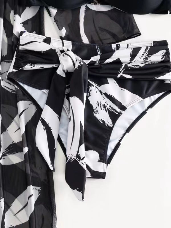Women's Three-Piece Bikini Set - High-Waist Bottom, Long Cover-Up, Split Design