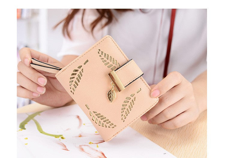New Ladies Short Wallet Zipper Buckle Hollow Leaf Card Holder Small Wallet