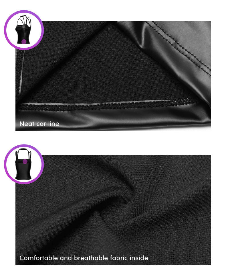 Women Stretch Lace Backless High Neck Long Sleeve PU Tight Vest with Leather Skirt Set for Nightclub Wear