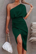 Women Fashion Solid Color One Shoulder Hip Slim Midi Dress