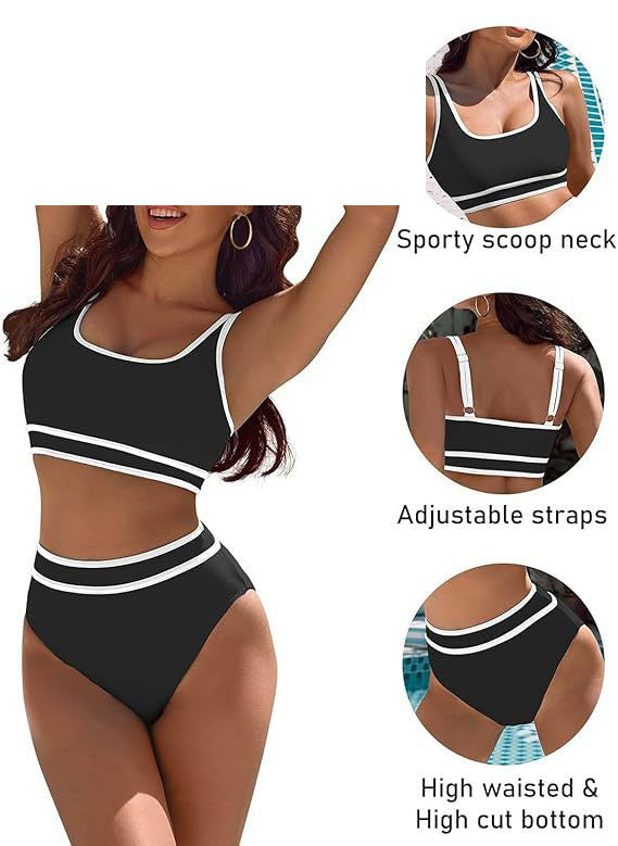 Sporty Color-Match High-Waist Bikini Set with Vest Top