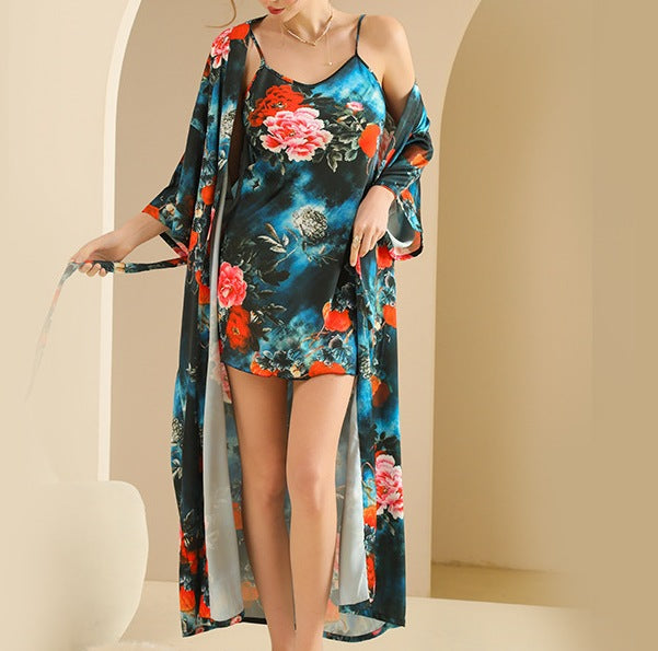 Printed Ice Silk Bathrobe Set for Women - Summer Mid-Sleeve Plus Size Bridal Morning Robe