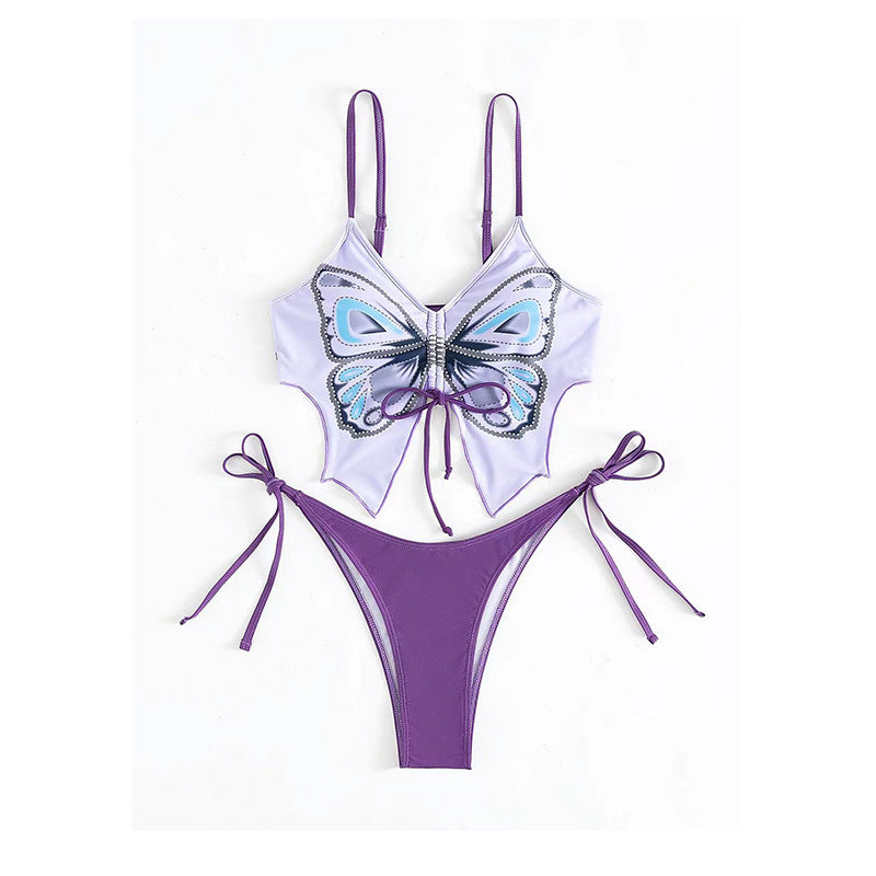 New Butterfly Flower Double Shoulder Strap Bikini Backless Split Swimsuit for Women