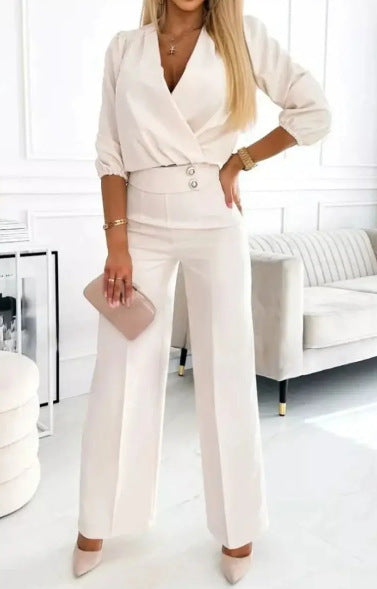 Women's Solid Color V-Neck Two-Button 2-Piece Pants Suit