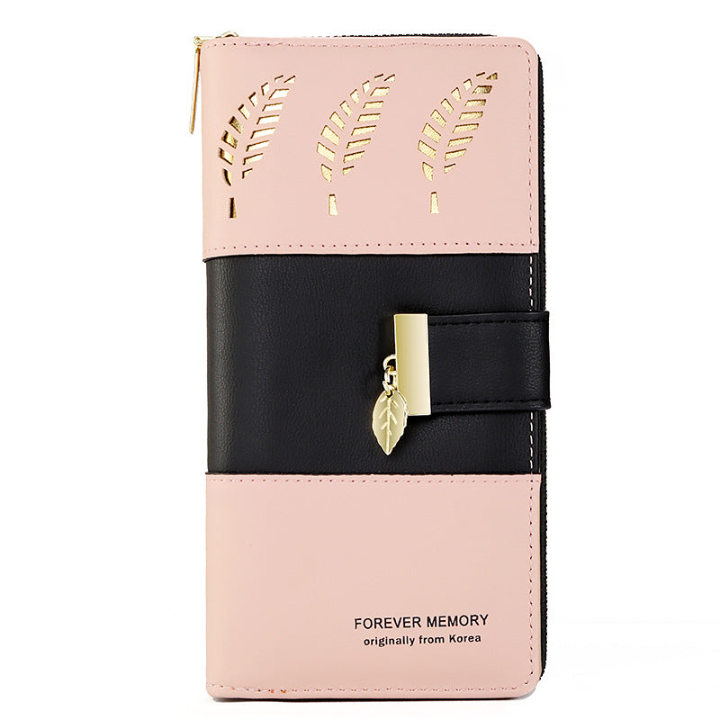 Spliced Color Long Folding Hollow Leaf Wallet for Women – Multi-Compartment Clutch Handbag & Mobile Phone Holder