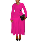 Plus Size Autumn V-Neck Pleated Long Dress – Waist-Defined Elegant Maxi