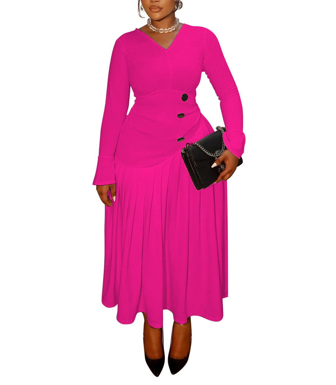 Plus Size Autumn V-Neck Pleated Long Dress – Waist-Defined Elegant Maxi