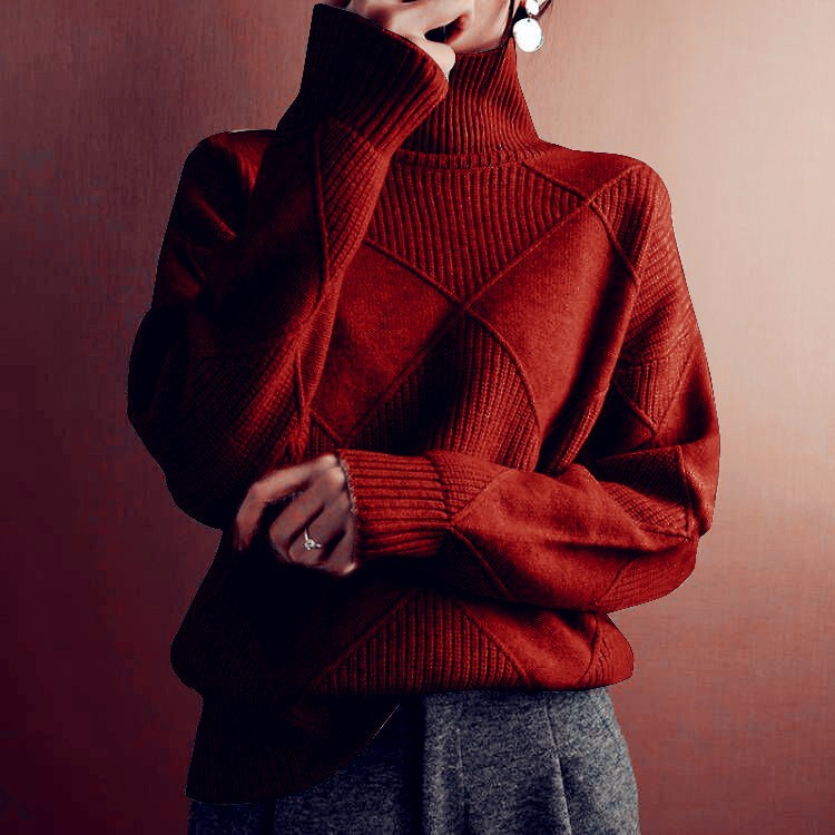 Women's Loose Elegant High-Neck Knitwear - Solid Color Commuter Sweater
