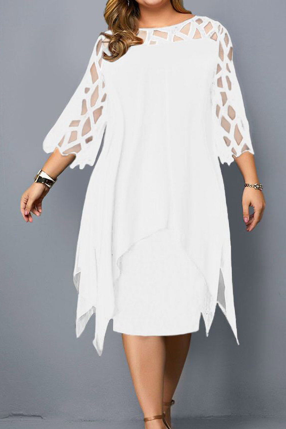 Women Plus O Neck Lace Sleeve Hollow Mesh Printed Party Dress