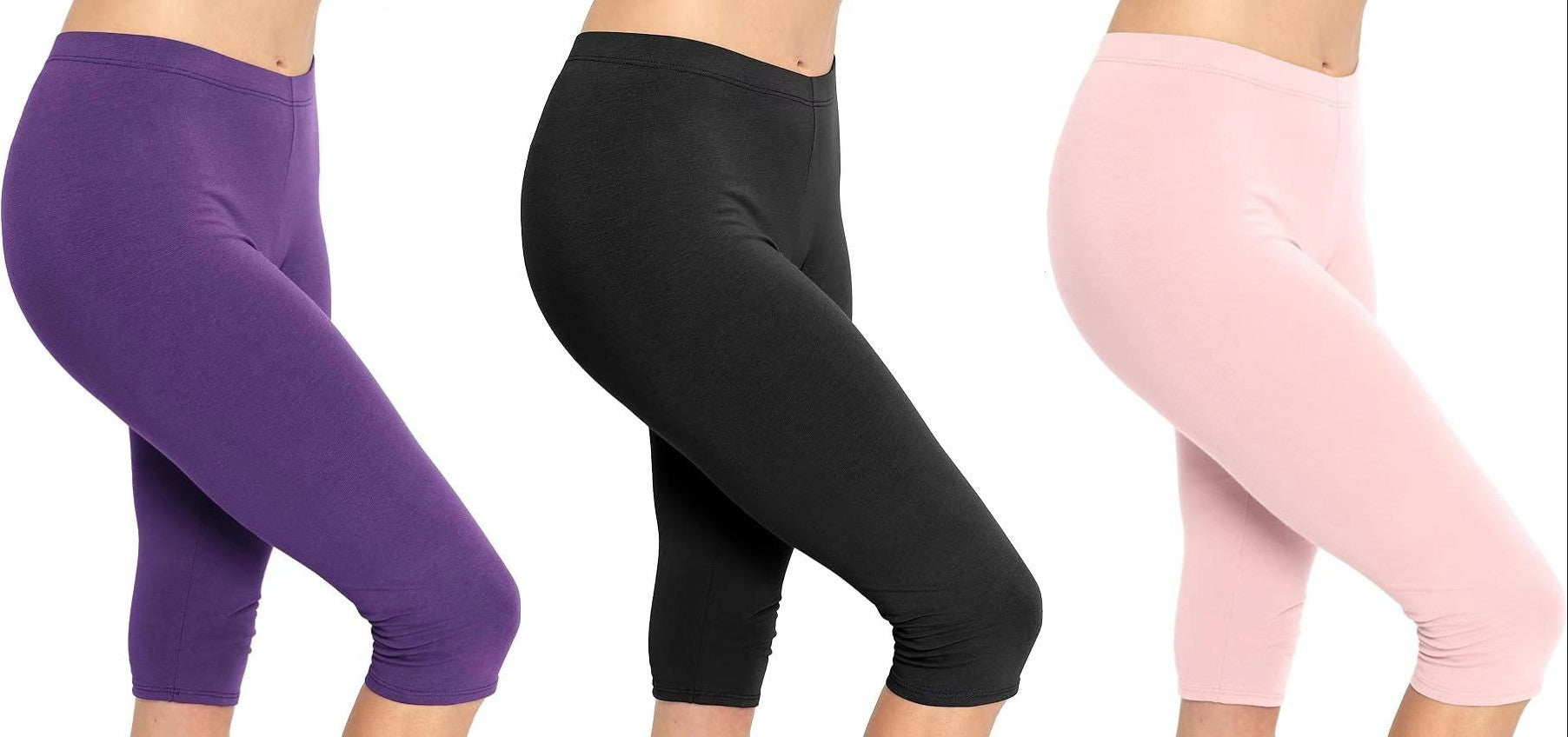 Solid Black Milk Silk Cropped Leggings for Women, Stretch Tight Yoga Running Safety Pants, Plus Size