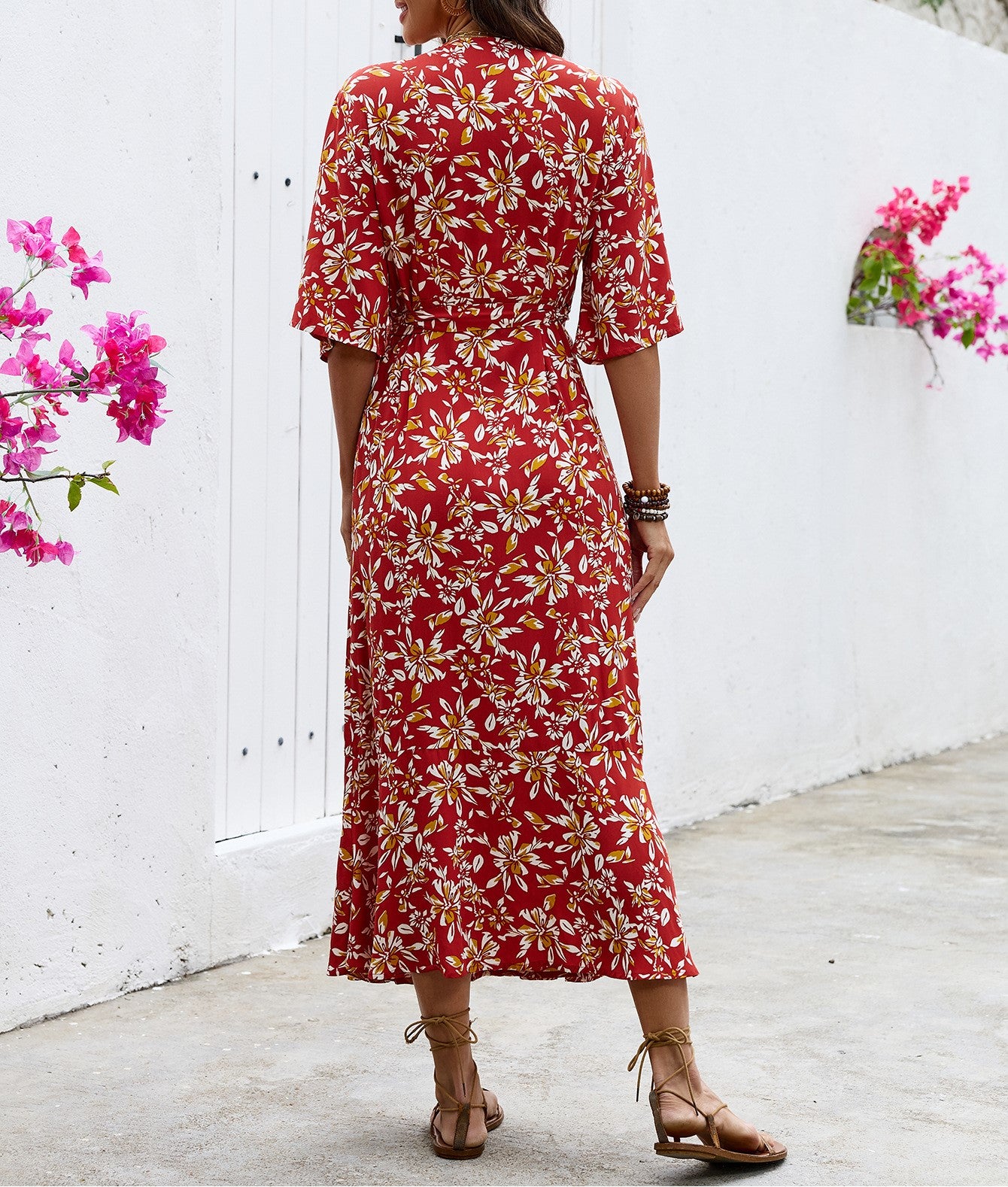 Women's Printed Floral Tie-Up Slit Maxi Dress – Bohemian Summer Vacation Long Dress