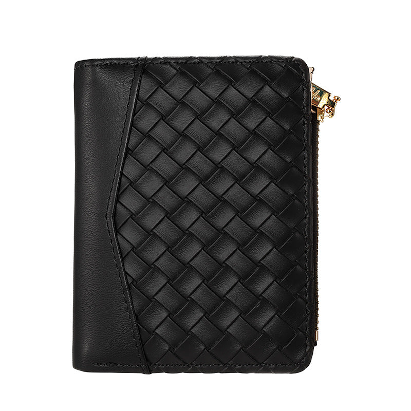 Women's Short Coin Purse with Multiple Card Slots, Coin Clip Wallet, Fashionable Woven ID Bag, Patchwork Design