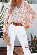 Women Lovely Printed Pattern Lantern Sleeve Easy V-Neck Relax Fit Pullover Casual Top