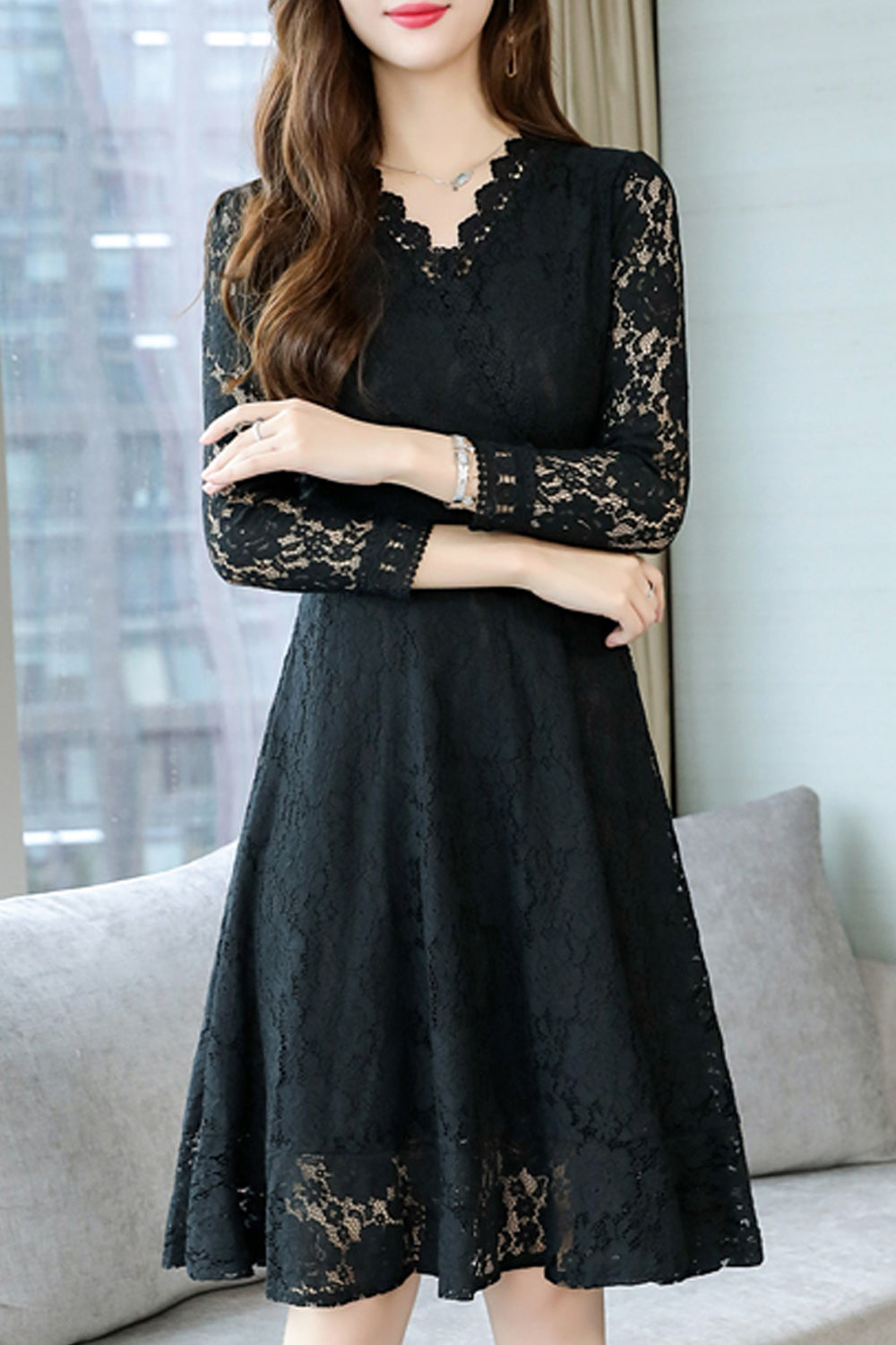 Women Fabulous Floral Lace Long Sleeve mid Length Slim Fit Magnificent Dress
