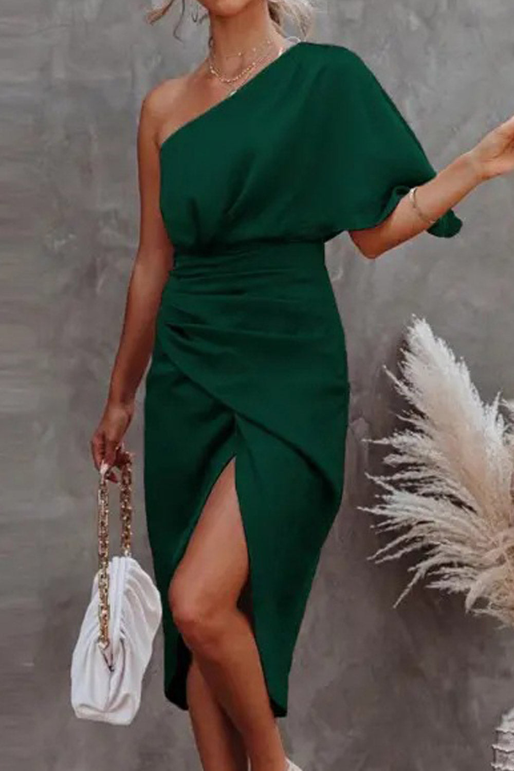 Women Fashion Solid Color One Shoulder Hip Slim Midi Dress