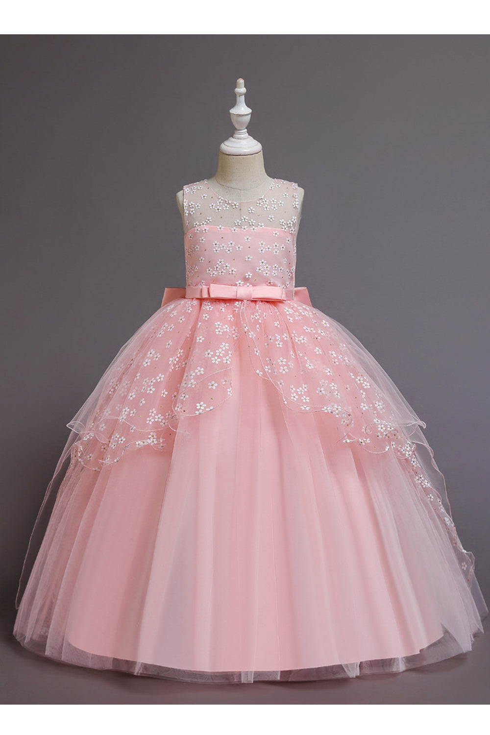 Kids Girls Elegent Floral Pattern Round Neck Sleeveless Styled Fluffy Hem Comfortable Party Dress