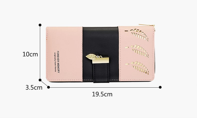Spliced Color Long Folding Hollow Leaf Wallet for Women – Multi-Compartment Clutch Handbag & Mobile Phone Holder