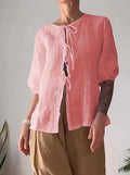 Women's Solid Round Neck Tie Front Shirt & High Waist Pants Two-Piece Set