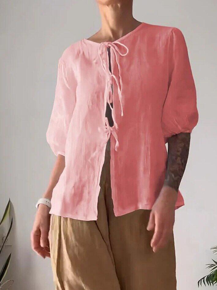 Women's Solid Round Neck Tie Front Shirt & High Waist Pants Two-Piece Set