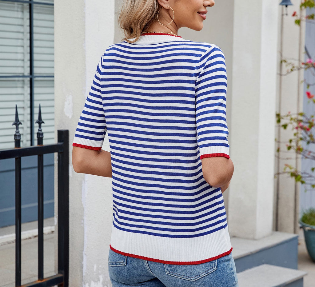 Women's Summer Knitted Ice Silk T-Shirt - Short Sleeve, Contrast Color, British College Style