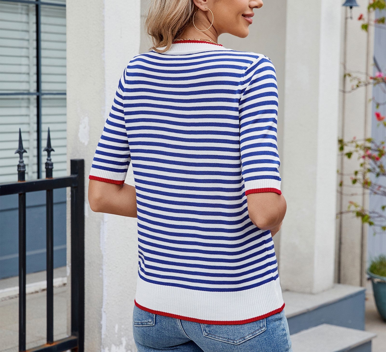 Women's Summer Knitted Ice Silk T-Shirt - Short Sleeve, Contrast Color, British College Style