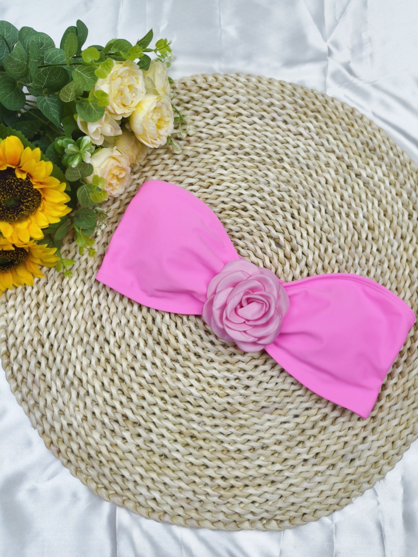 Solid Color Flower Tube Top Drawstring Strap Split Bikini Swimsuit - Trendy Summer Swimwear