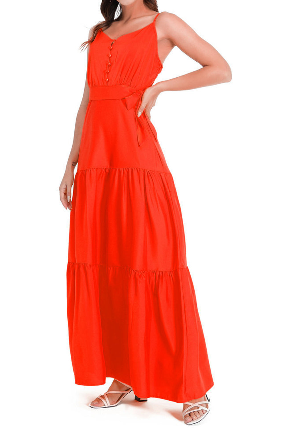 Women Elegent Solid Colored Sleeveless Styled Straped Shoulder Long Length V-Neck Relax Fit Party Dress