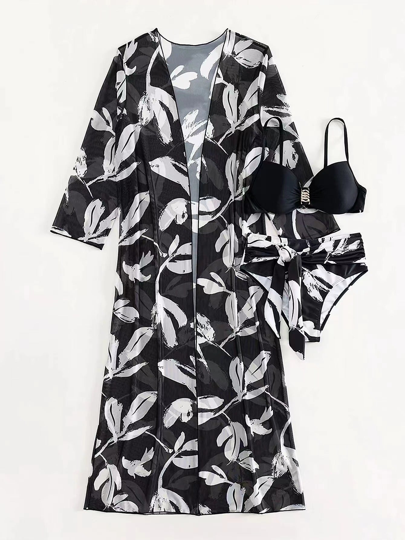 Women's Three-Piece Bikini Set - High-Waist Bottom, Long Cover-Up, Split Design