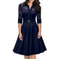 Women Collar Style Slim Waist Halter Skirt Lace Dress Navy Blue