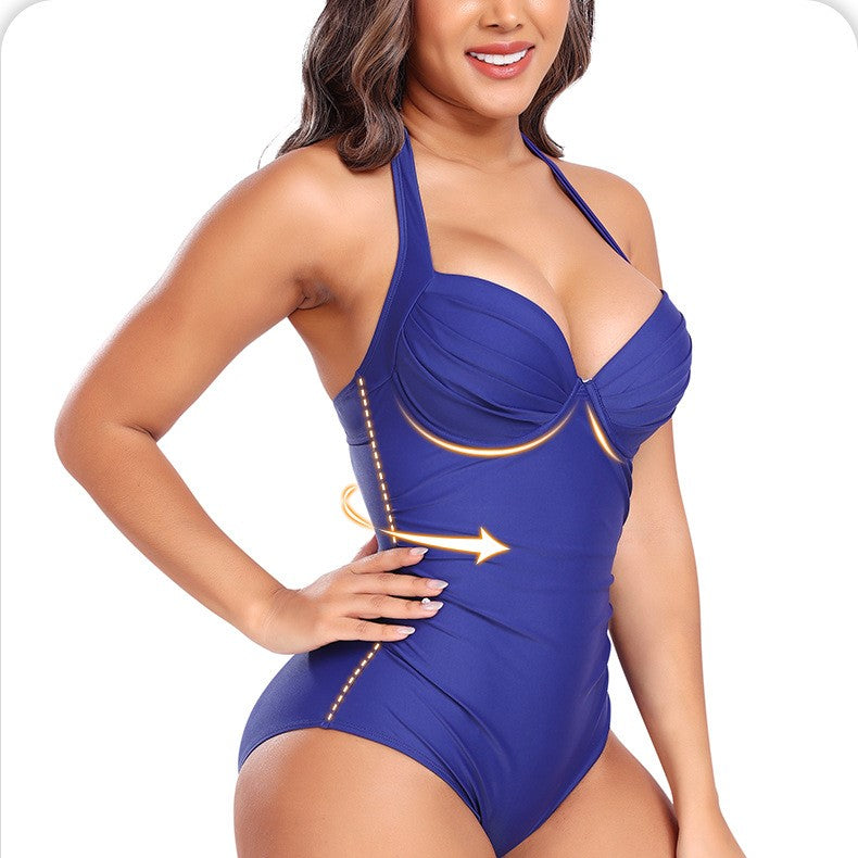 Women's Solid Color Halter Triangle One-Piece Swimsuit with Ruched Design