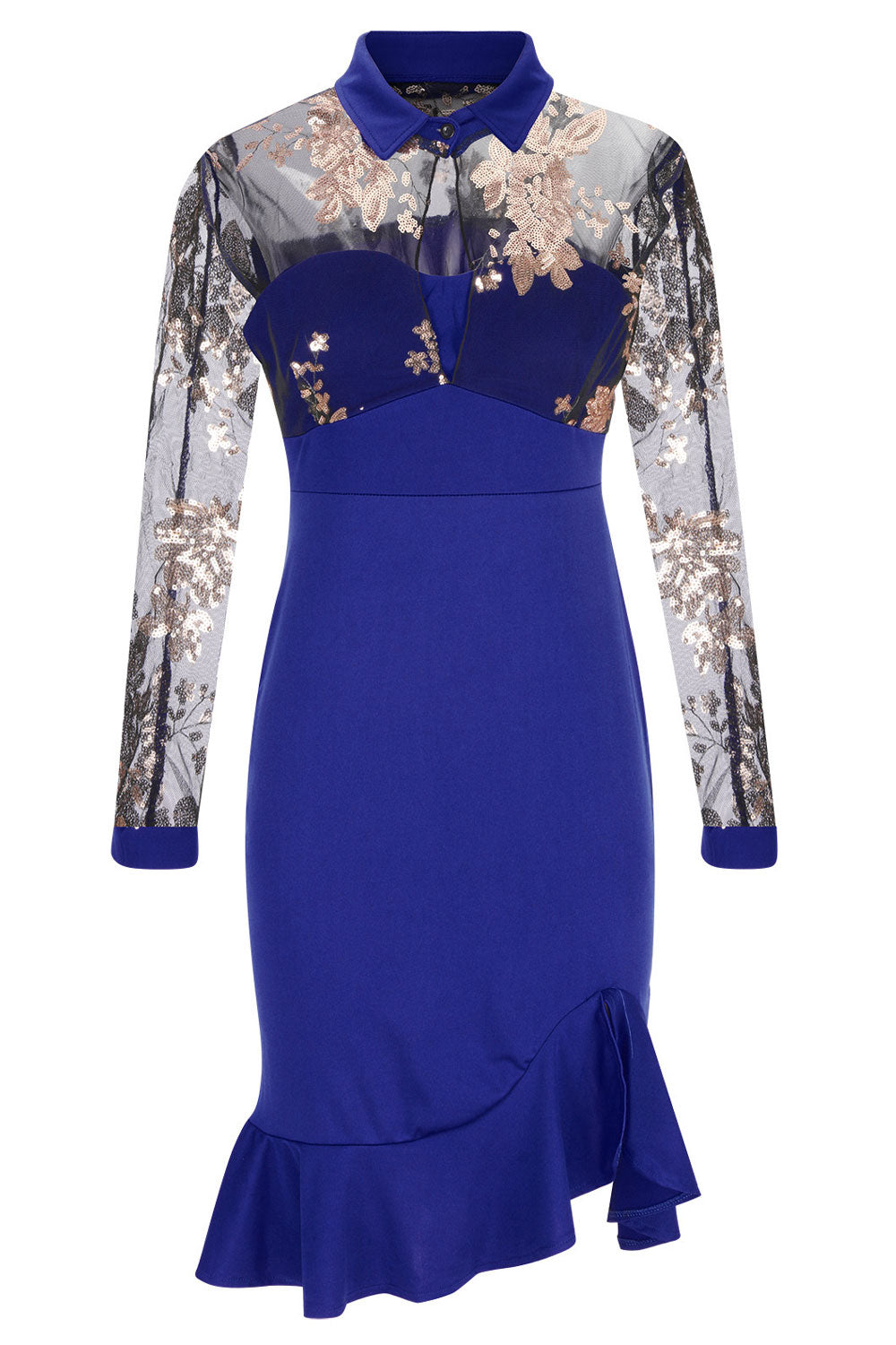 Women's Fashion Embroidered Beaded Mesh Ruffles Long Sleeve Dress