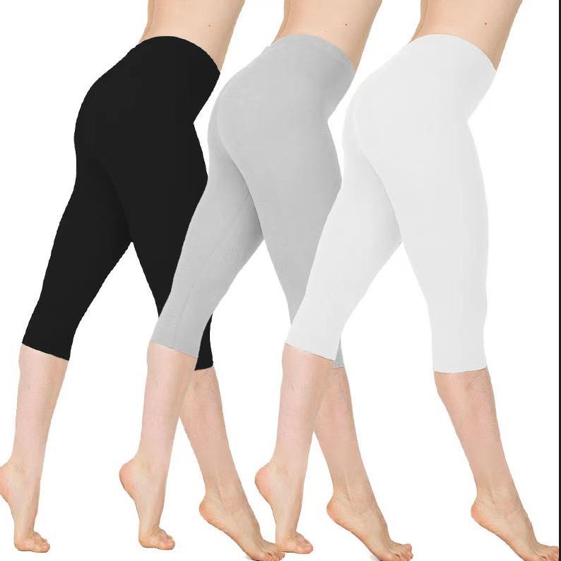Solid Black Milk Silk Cropped Leggings for Women, Stretch Tight Yoga Running Safety Pants, Plus Size
