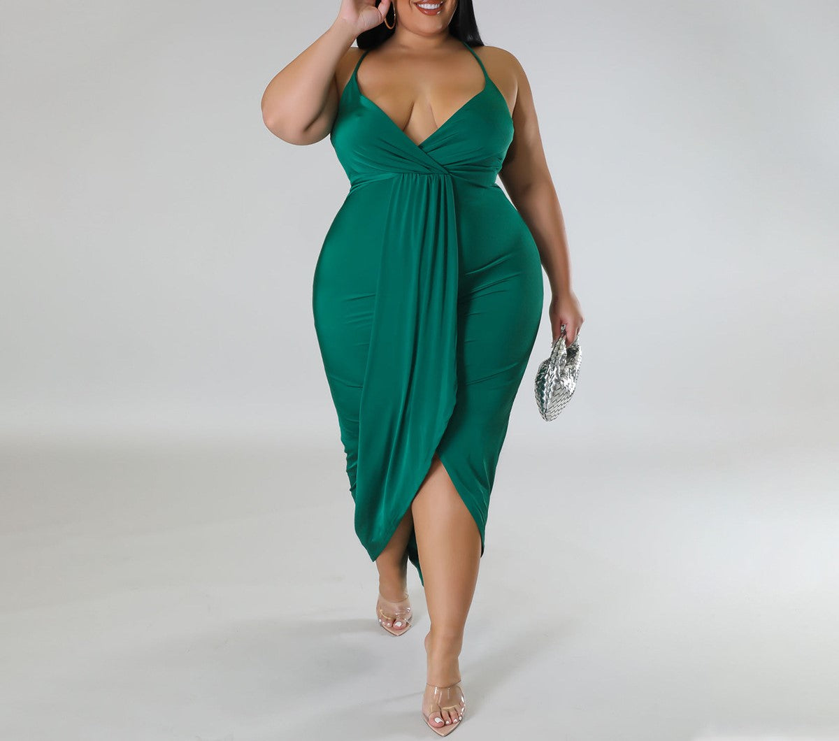 Women's Sleeveless V-Neck Stretch Dress with Adjustable Spaghetti Straps – Bodycon Fit, Casual or Evening Wear