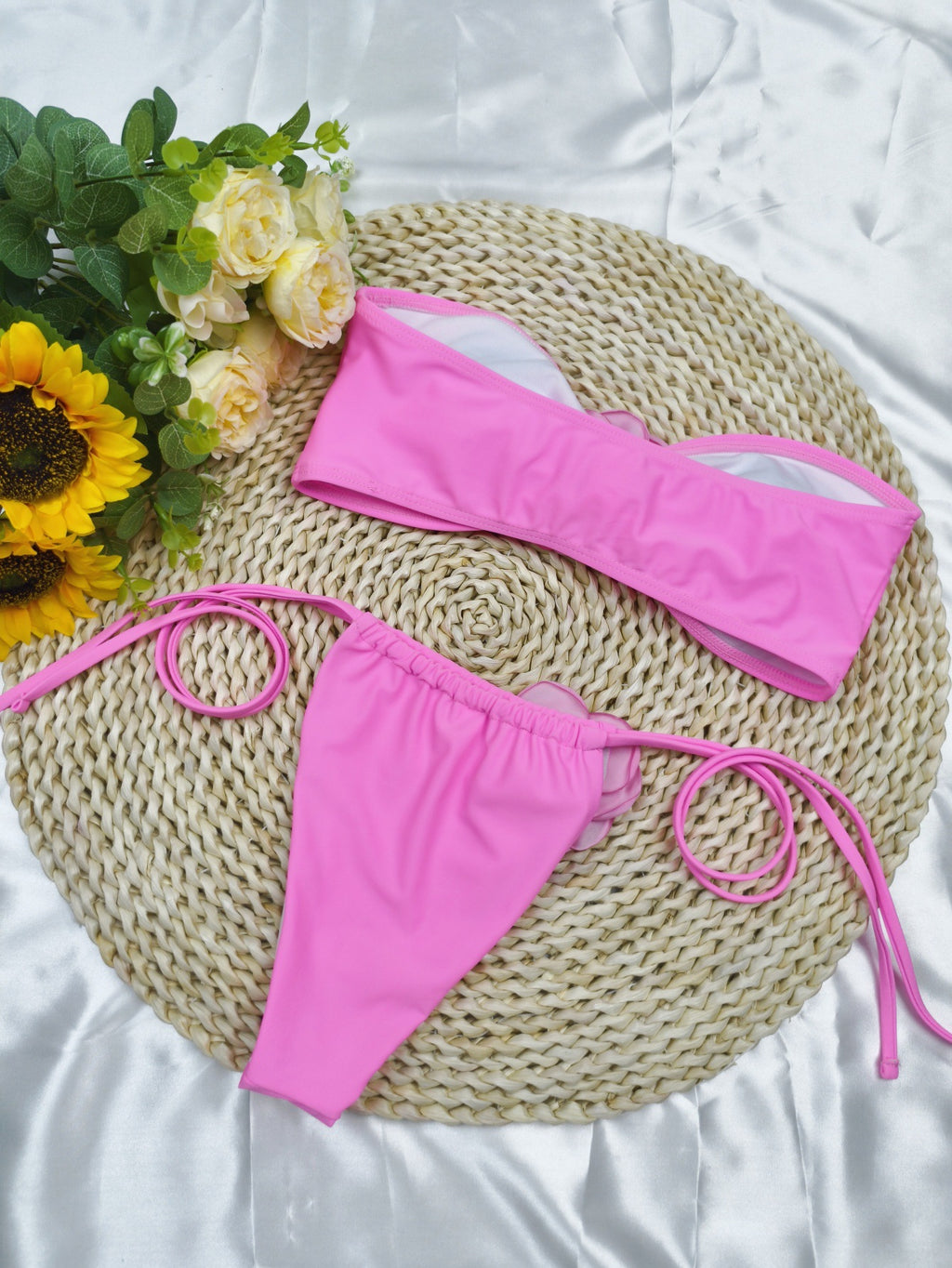 Solid Color Flower Tube Top Drawstring Strap Split Bikini Swimsuit - Trendy Summer Swimwear
