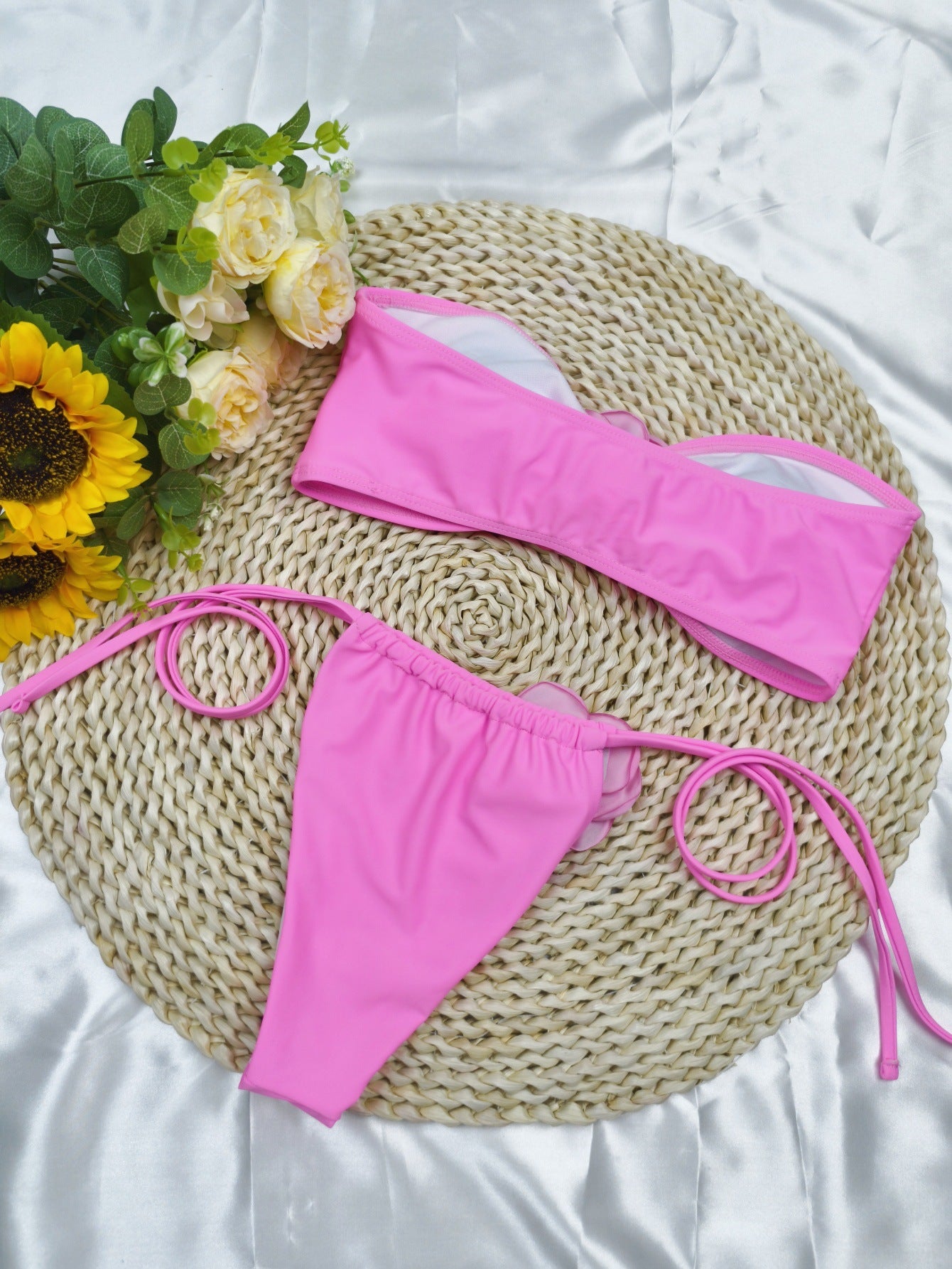 Solid Color Flower Tube Top Drawstring Strap Split Bikini Swimsuit - Trendy Summer Swimwear
