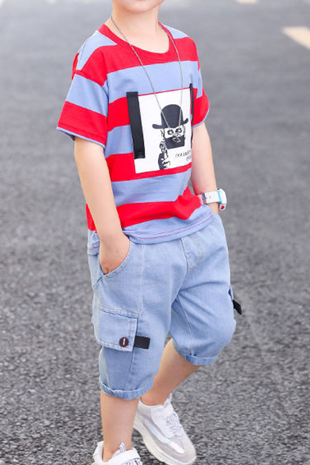 Kids Boys New Arrival Round Neck Short Sleeves Solid Color T- Shirt with Descent Side Pockets Shorts Summer,Boy's Sports and Lei