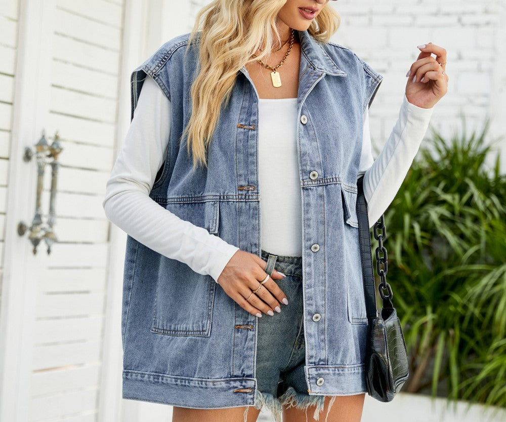 Women's Summer Denim Vest - Sleeveless Waistcoat, Trendy Casual Jean Jacket