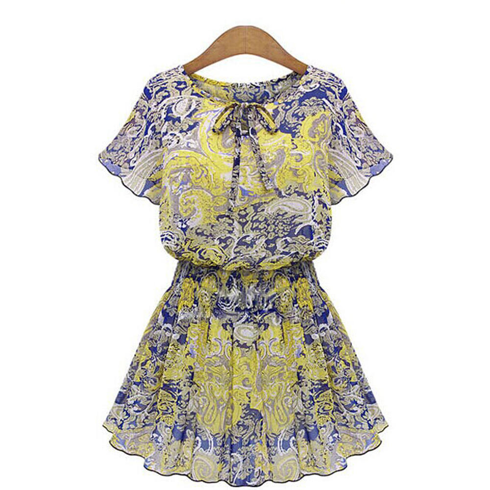 Women Retro Printed Pleated Waist Dress