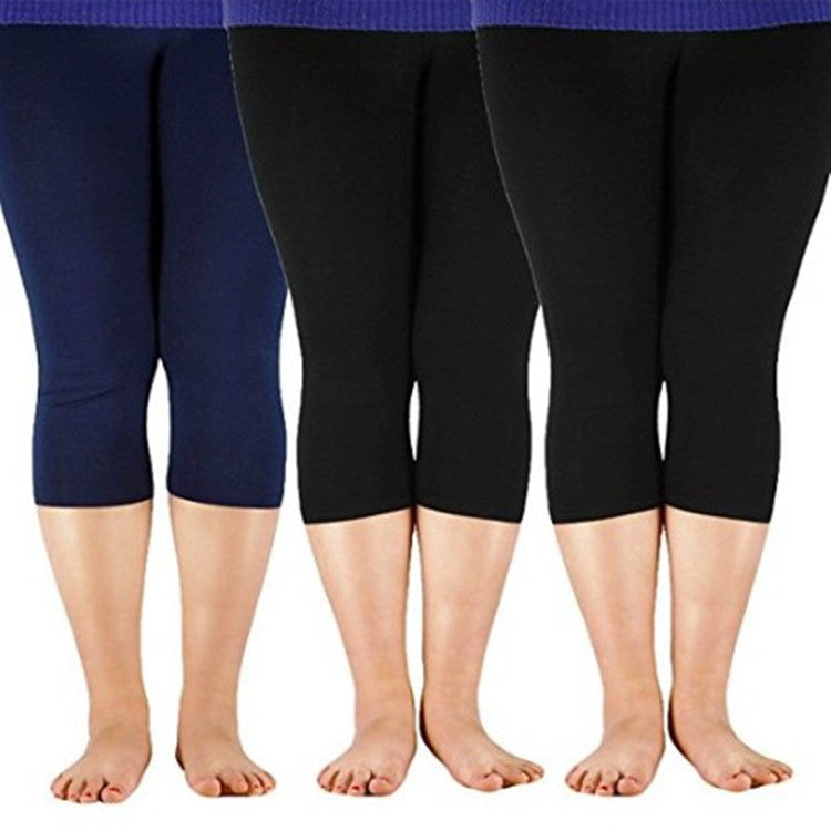 Solid Black Milk Silk Cropped Leggings for Women, Stretch Tight Yoga Running Safety Pants, Plus Size