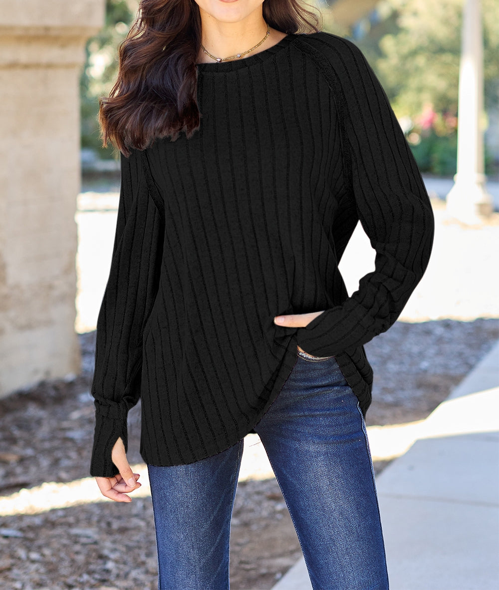 Basic Bae Full Size Ribbed Round Neck Long Sleeve Knit Top Sweater