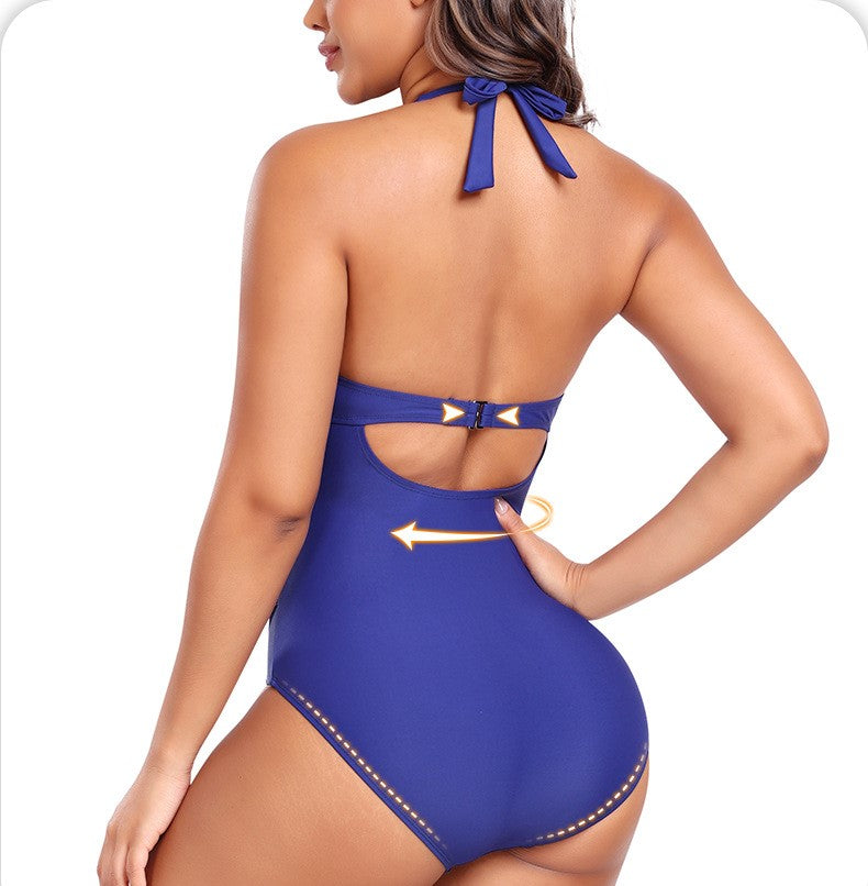 Women's Solid Color Halter Triangle One-Piece Swimsuit with Ruched Design