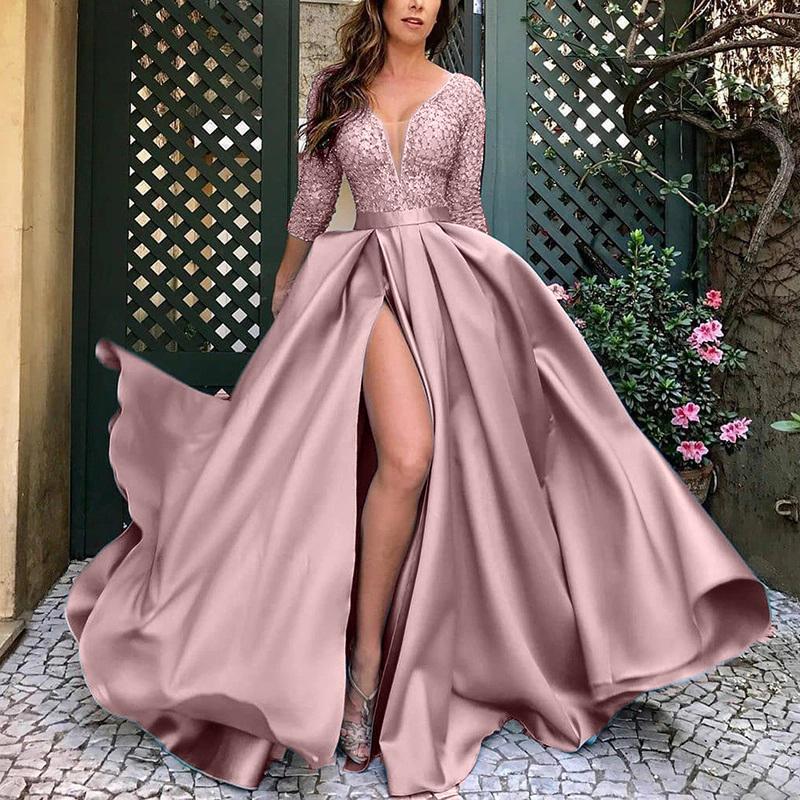 Women Fancy Sequins Decorated Bust Solid Pattern Long Length Skirt Evening Party Dress