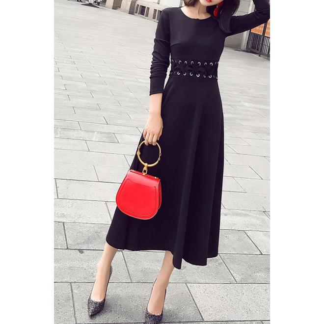 Women Awesome Floral Embroidered Easy Round Neck Long Sleeve Slim Waist Mid Length Winter Two Piece Dress