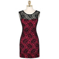 Women Flower Design Full Lace Back Zipper Dress Red Black